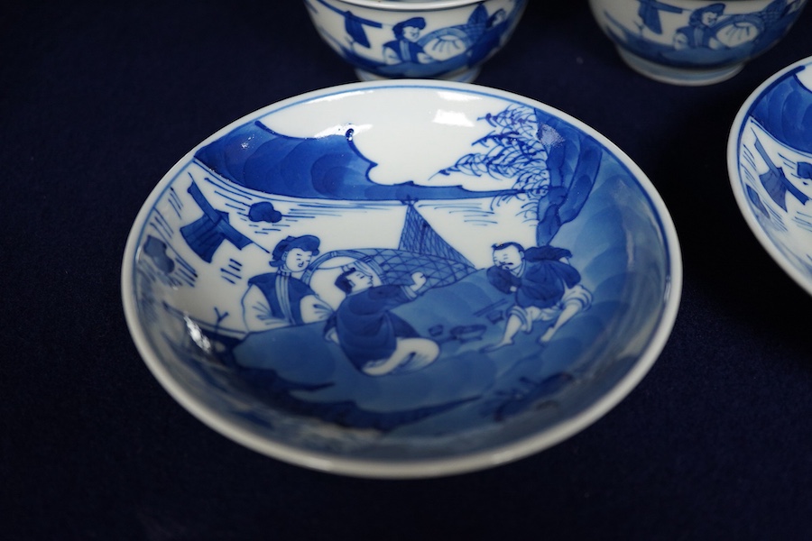 Two Chinese blue and white tea bowls and saucers, saucer 11.5cm diameter.